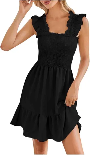 Summer Dresses for Women 2024 Casual Sleeveless Square Neck Smocked Ruffle Boho Tiered Mini Dress 2024 Trendy Sundress