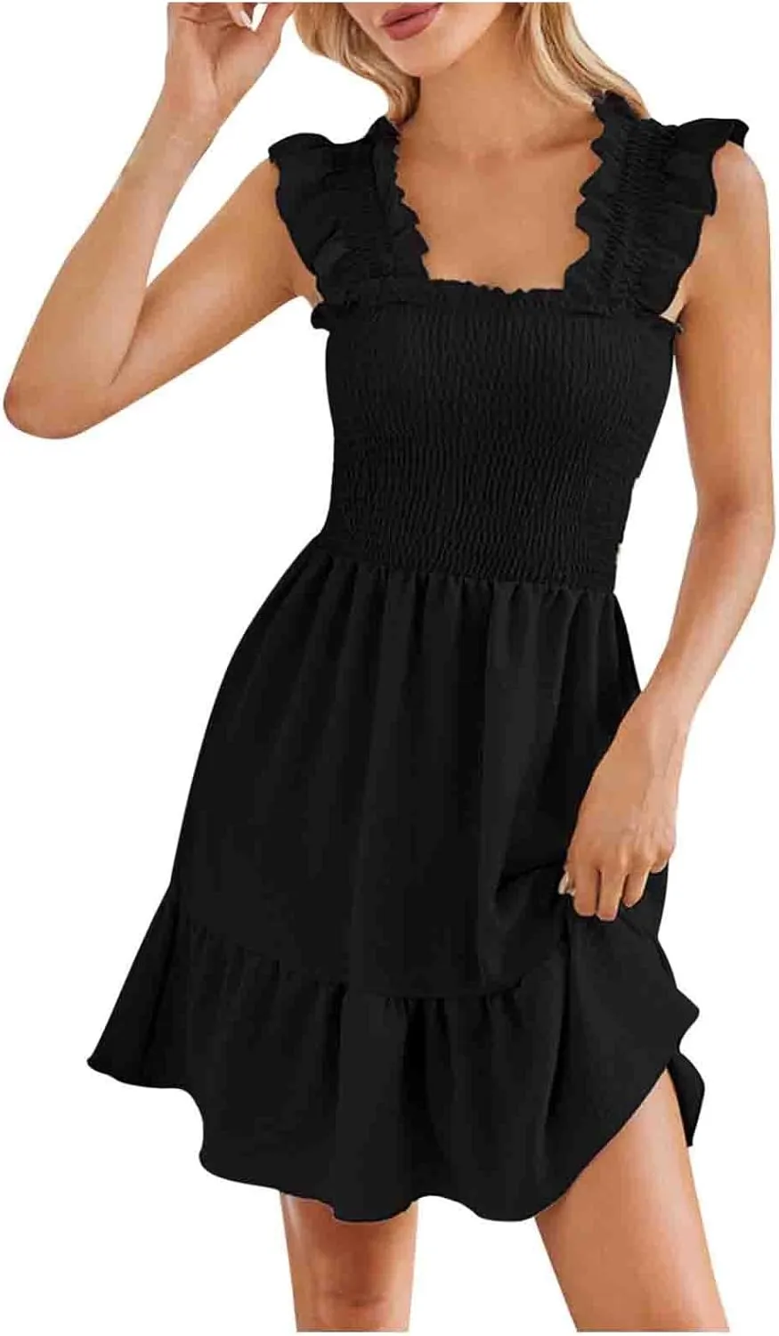 Summer Dresses for Women 2024 Casual Sleeveless Square Neck Smocked Ruffle Boho Tiered Mini Dress 2024 Trendy Sundress