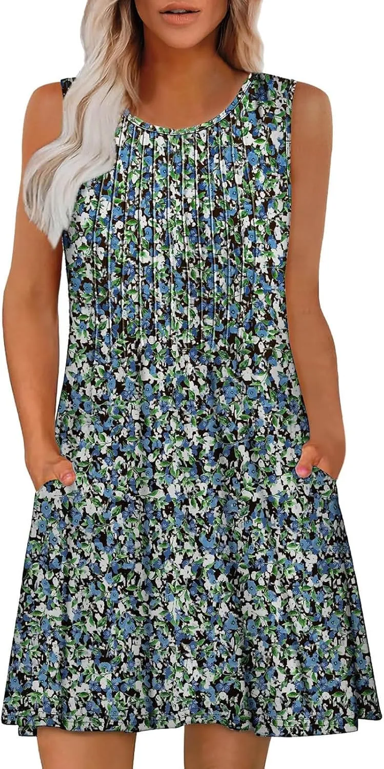 Summer Dresses for Women 2025 Plus Size Casual Crewneck Sleeveless Sundresses with Pockets Boho Beach Coverups Tank Dress