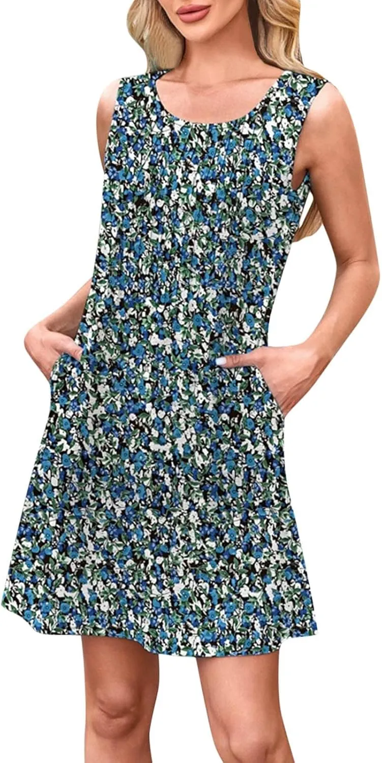 Summer Dresses for Women 2025 Plus Size Casual Crewneck Sleeveless Sundresses with Pockets Boho Beach Coverups Tank Dress