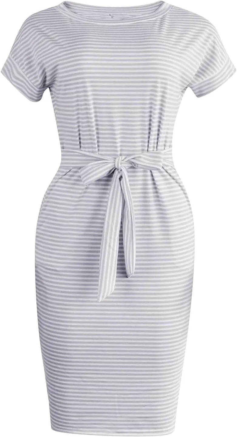 Summer Dresses for Women 2025 Striped Short Sleeve T Shirt Midi Dress Casual Tie Waist Trendy Tunic Beach Sundress