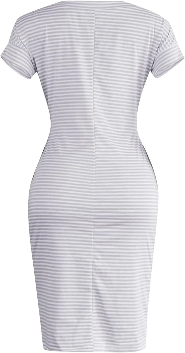 Summer Dresses for Women 2025 Striped Short Sleeve T Shirt Midi Dress Casual Tie Waist Trendy Tunic Beach Sundress