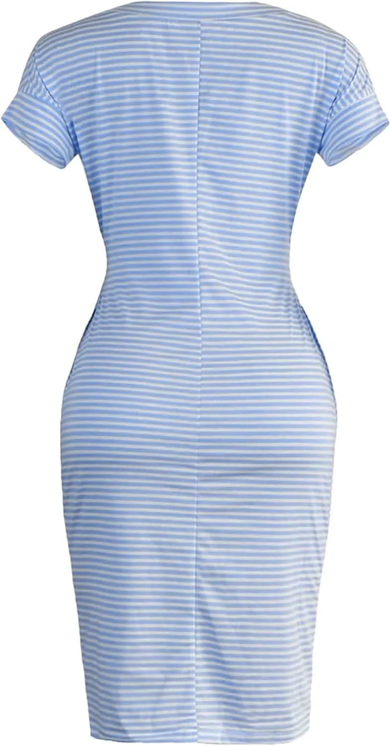 Summer Dresses for Women 2025 Striped Short Sleeve T Shirt Midi Dress Casual Tie Waist Trendy Tunic Beach Sundress
