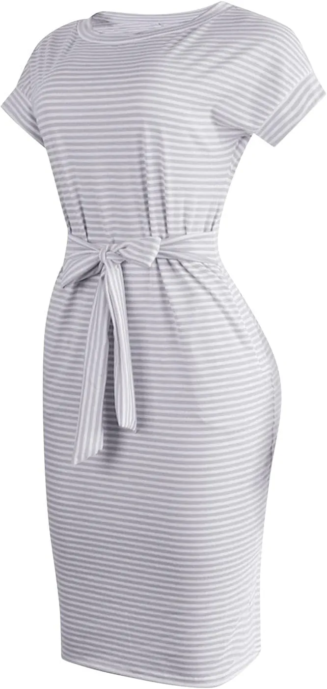 Summer Dresses for Women 2025 Striped Short Sleeve T Shirt Midi Dress Casual Tie Waist Trendy Tunic Beach Sundress