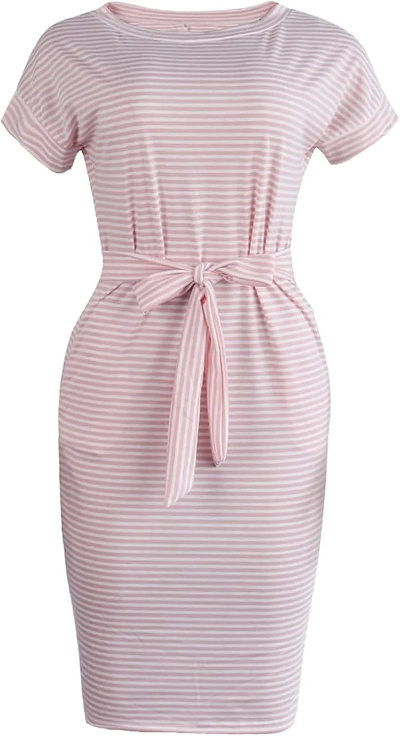 Summer Dresses for Women 2025 Striped Short Sleeve T Shirt Midi Dress Casual Tie Waist Trendy Tunic Beach Sundress