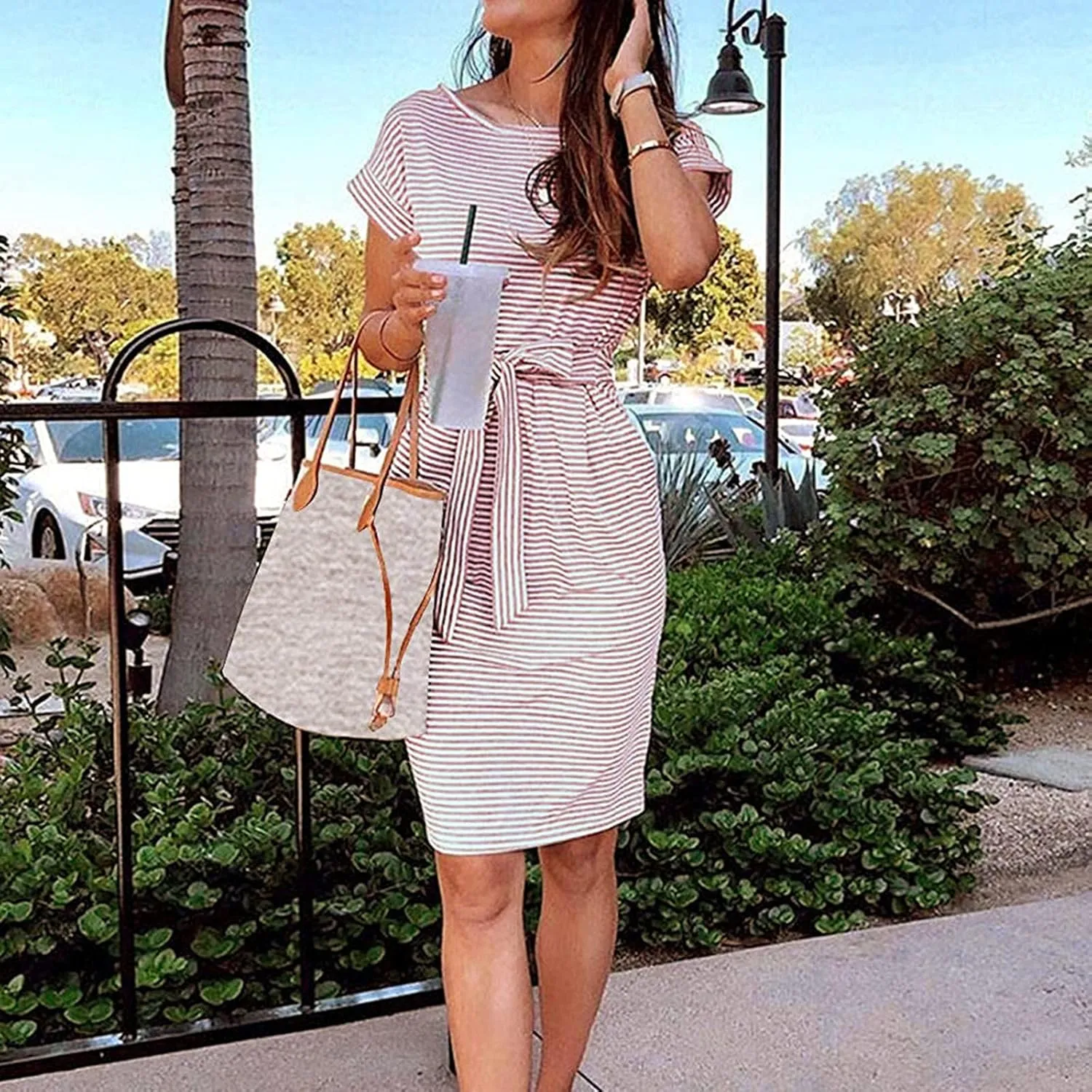 Summer Dresses for Women 2025 Striped Short Sleeve T Shirt Midi Dress Casual Tie Waist Trendy Tunic Beach Sundress