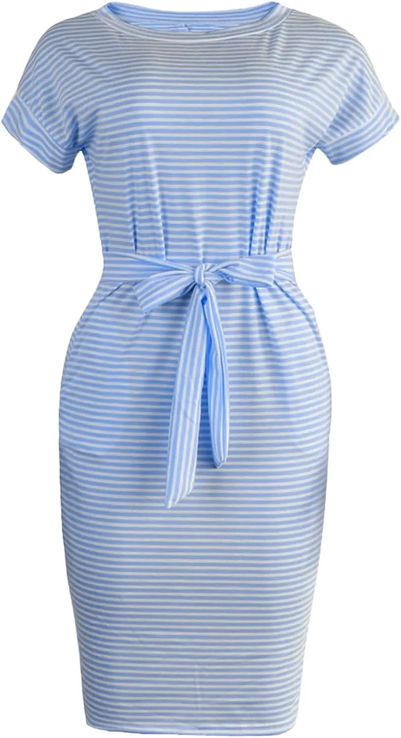 Summer Dresses for Women 2025 Striped Short Sleeve T Shirt Midi Dress Casual Tie Waist Trendy Tunic Beach Sundress