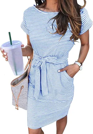 Summer Dresses for Women 2025 Striped Short Sleeve T Shirt Midi Dress Casual Tie Waist Trendy Tunic Beach Sundress