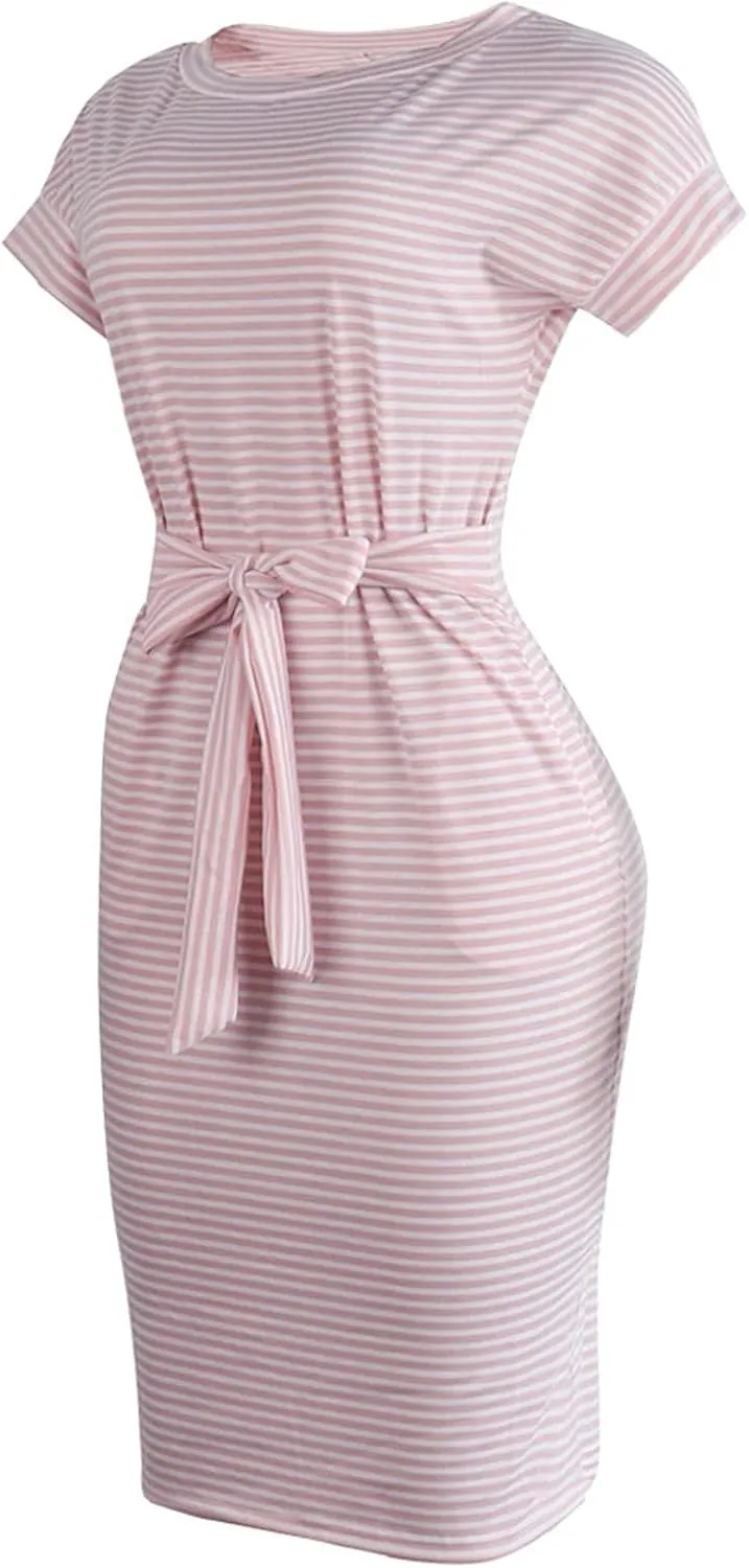 Summer Dresses for Women 2025 Striped Short Sleeve T Shirt Midi Dress Casual Tie Waist Trendy Tunic Beach Sundress