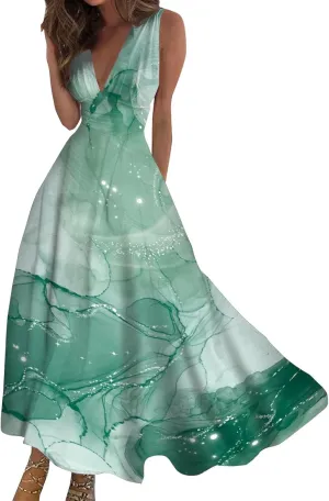 Summer Dresses for Women 2025,Women's Trendy Elegant Sleeveless Dresses Deep V Neck Wrap Floral Printed Boho Long Dress