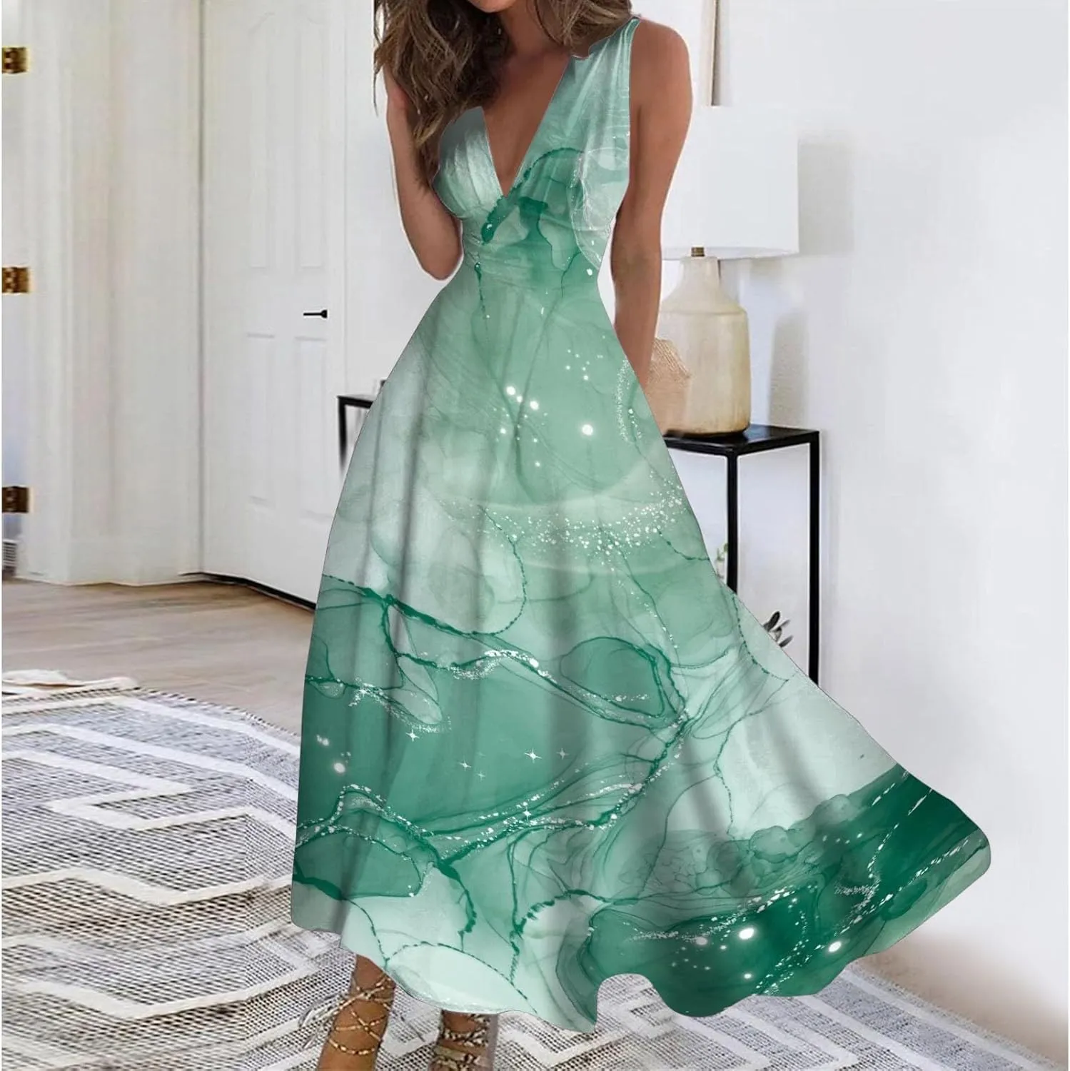 Summer Dresses for Women 2025,Women's Trendy Elegant Sleeveless Dresses Deep V Neck Wrap Floral Printed Boho Long Dress