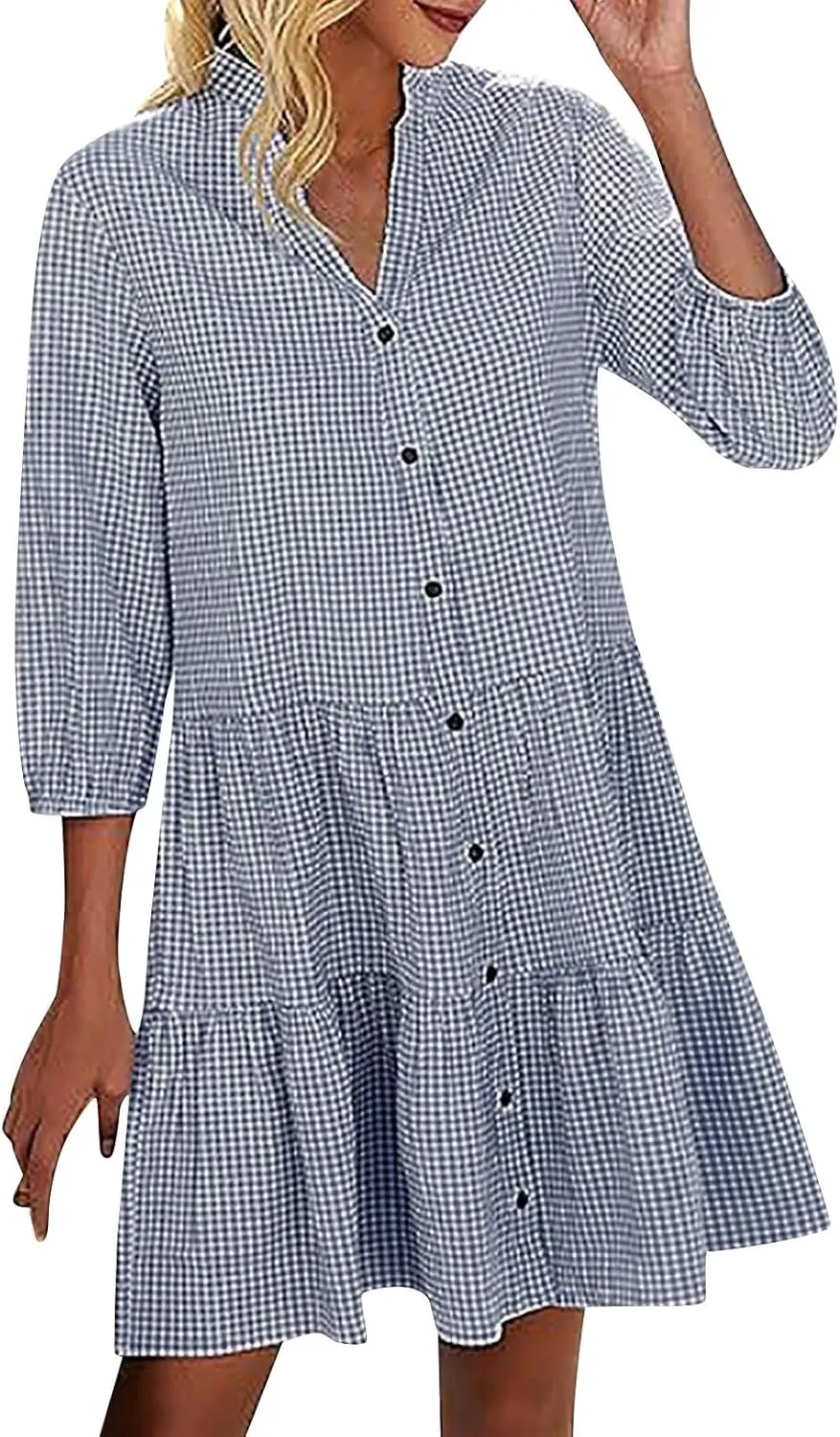 Summer Dresses for Women Casual 3/4 Sleeve Fashion Solid Plaid Shirt Dress Loose V-Neck Button Pleated Sundress