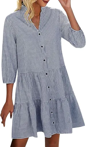 Summer Dresses for Women Casual 3/4 Sleeve Fashion Solid Plaid Shirt Dress Loose V-Neck Button Pleated Sundress