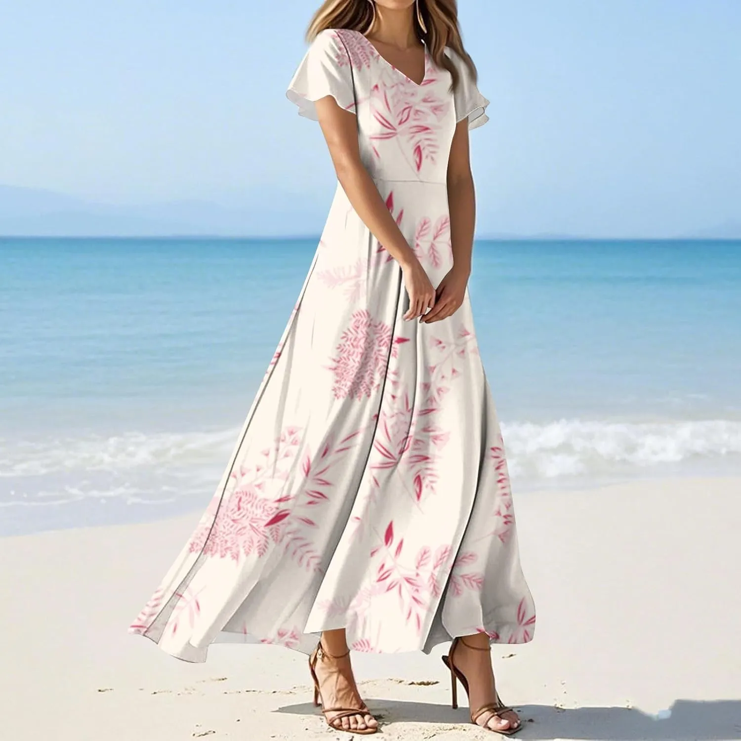 Summer Maxi Dresses for Women 2025 Vacation Short Sleeve V Neck Floral Dress Flowy A Line Wrap Casual Beach Sundress
