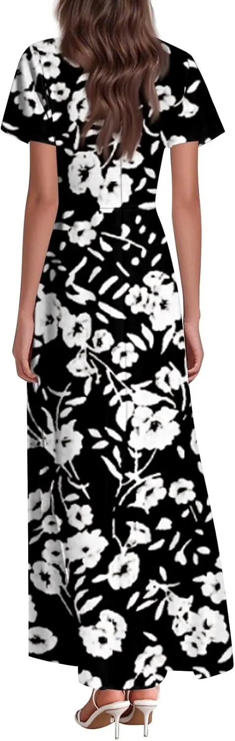 Summer Maxi Dresses for Women 2025 Vacation Short Sleeve V Neck Floral Dress Flowy A Line Wrap Casual Beach Sundress