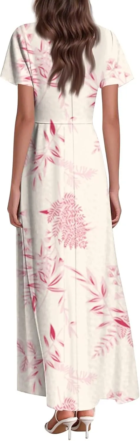 Summer Maxi Dresses for Women 2025 Vacation Short Sleeve V Neck Floral Dress Flowy A Line Wrap Casual Beach Sundress