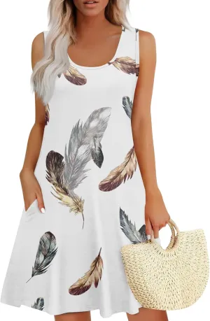 Summer Mini Dresses for Women Casual Trendy Vintage Floral Print Boho Sleeveless A-Line Pockets Beach Tank Sundress