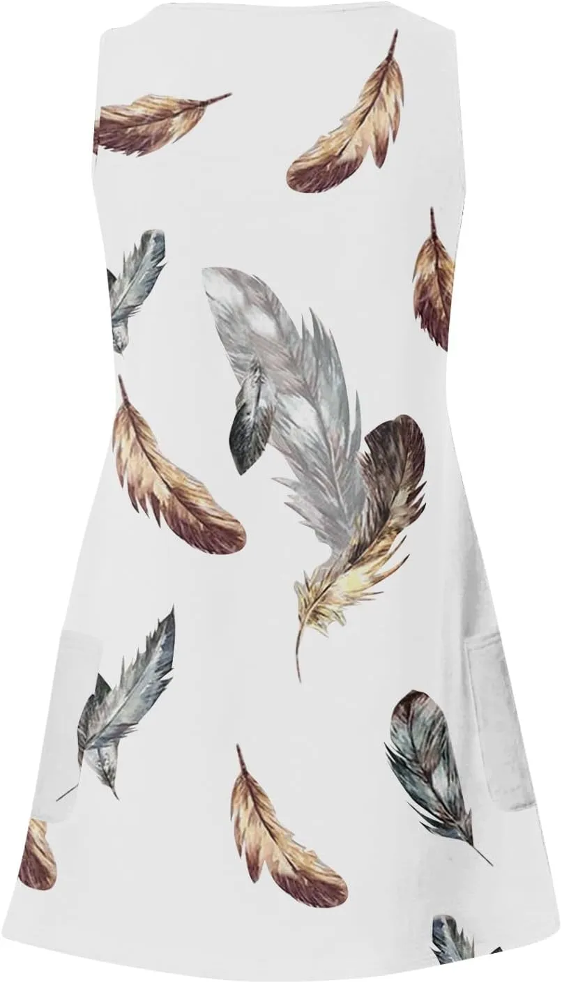 Summer Mini Dresses for Women Casual Trendy Vintage Floral Print Boho Sleeveless A-Line Pockets Beach Tank Sundress