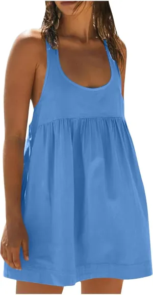 Sun Dresses for Women Racerback Athletic Beach Dress Square Neck Sleeveless Babydoll Dress Summer Flowy Mini Dresses