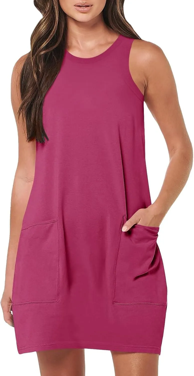 Sundresses for Women 2024 Casual Sleeveless Summer Tank Dress with Pockets Boho Beach Dress Vacation Swing Mini Dress