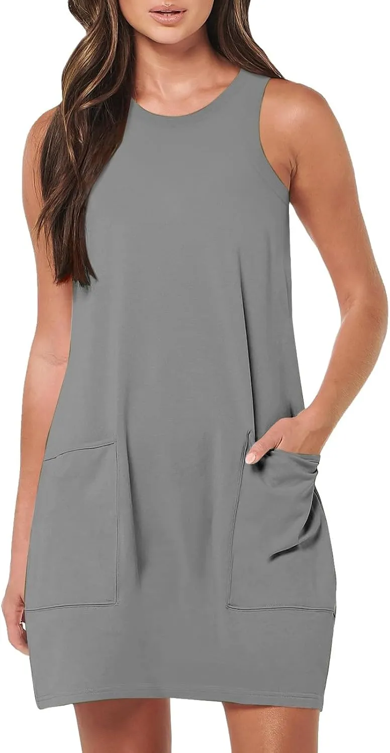 Sundresses for Women 2024 Casual Sleeveless Summer Tank Dress with Pockets Boho Beach Dress Vacation Swing Mini Dress