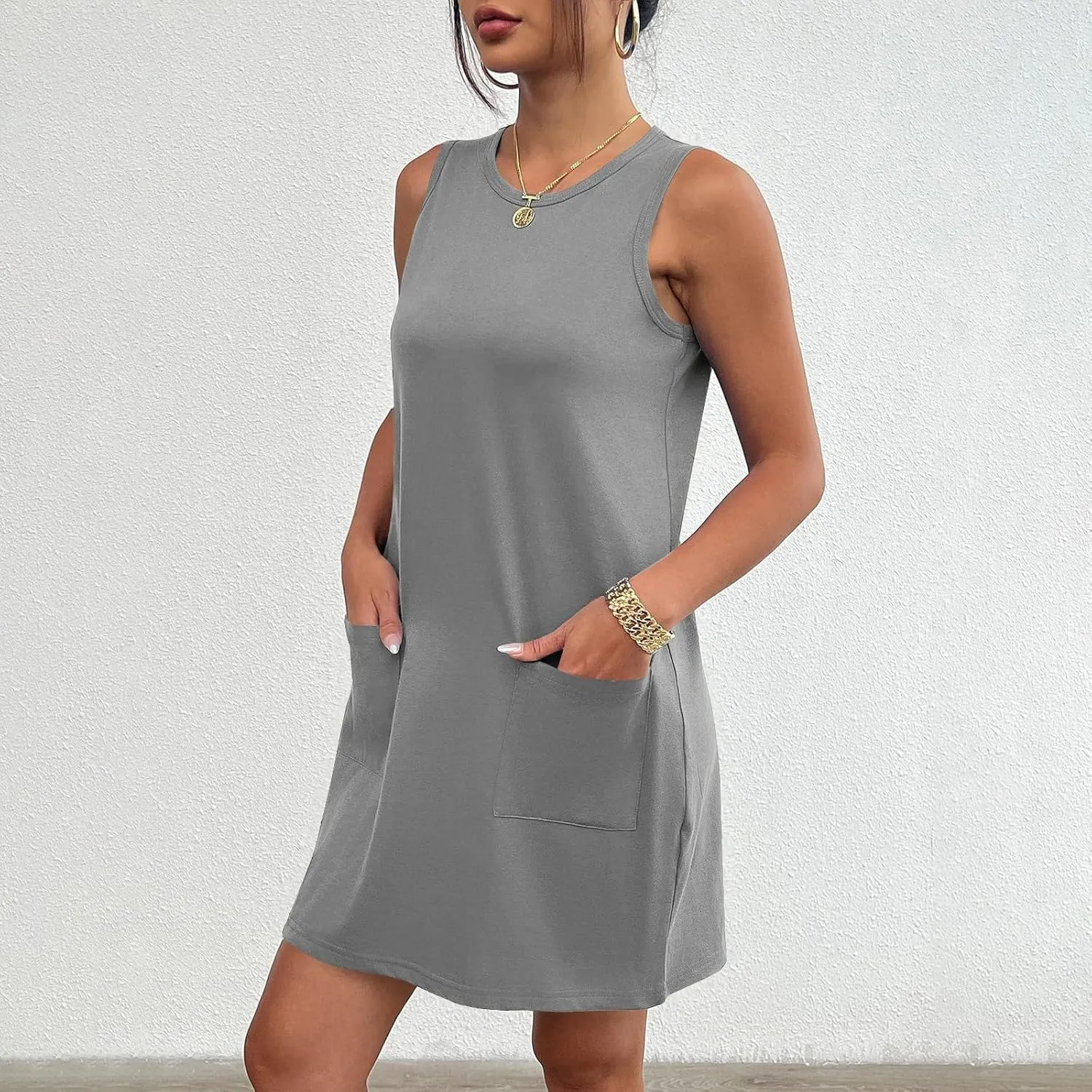 Sundresses for Women 2024 Casual Sleeveless Summer Tank Dress with Pockets Boho Beach Dress Vacation Swing Mini Dress