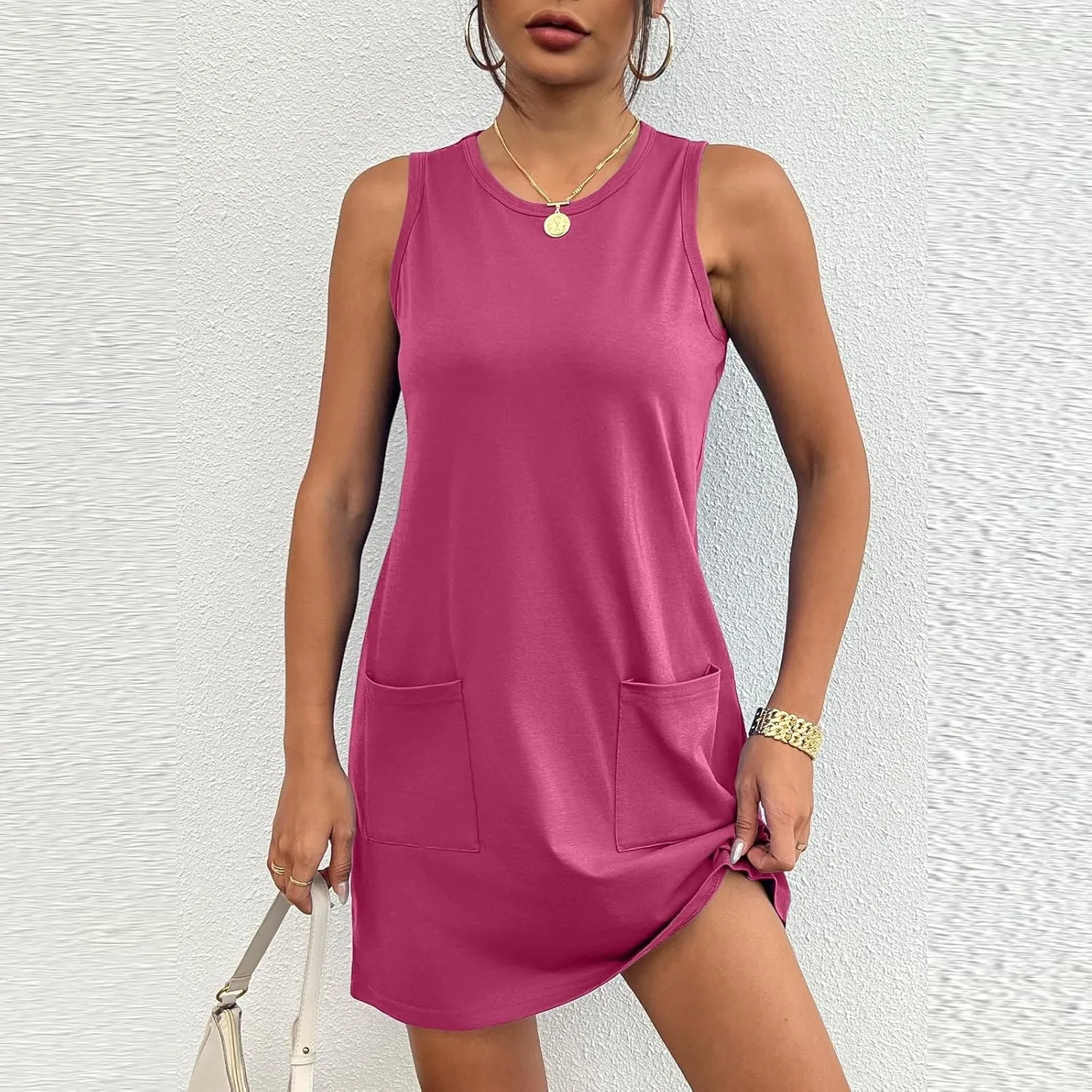 Sundresses for Women 2024 Casual Sleeveless Summer Tank Dress with Pockets Boho Beach Dress Vacation Swing Mini Dress