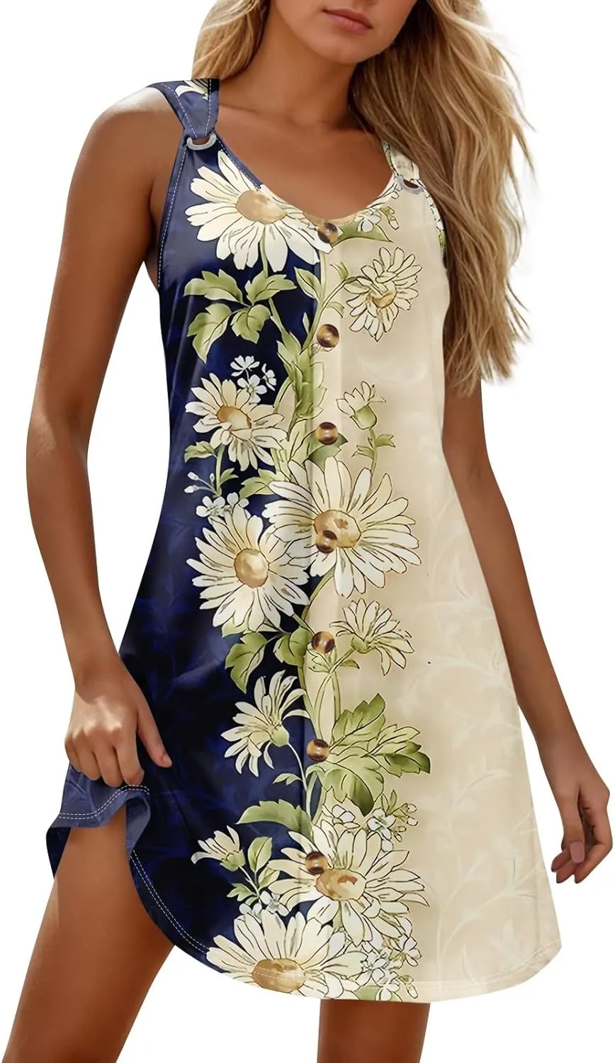 Sundresses for Women Sleevelees Tank Dress Casual Loose Boho Hawaiian Dresses Vacation Beach Swimsuit Coverups