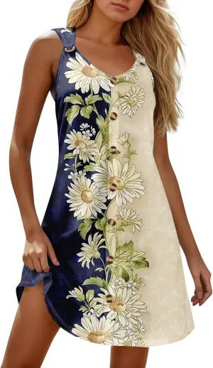 Sundresses for Women Sleevelees Tank Dress Casual Loose Boho Hawaiian Dresses Vacation Beach Swimsuit Coverups