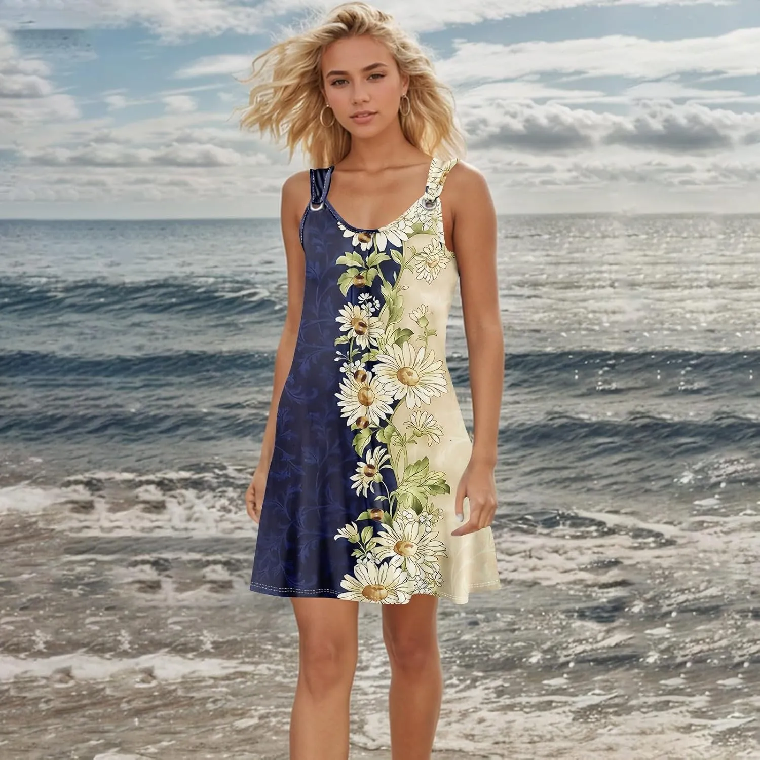 Sundresses for Women Sleevelees Tank Dress Casual Loose Boho Hawaiian Dresses Vacation Beach Swimsuit Coverups
