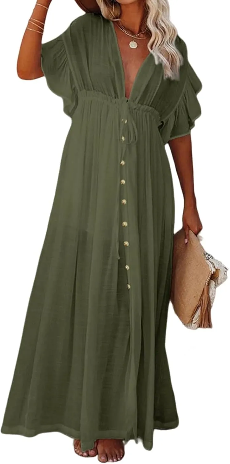 Swimsuit Coverup for Women 2024 Casual Summer Dress Short Sleeve Button Down Maxi Sundress Long Beach Cover Up Dress
