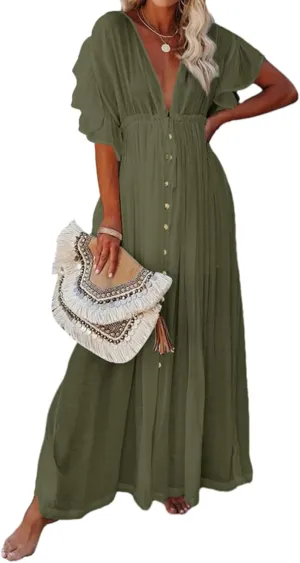 Swimsuit Coverup for Women 2024 Casual Summer Dress Short Sleeve Button Down Maxi Sundress Long Beach Cover Up Dress