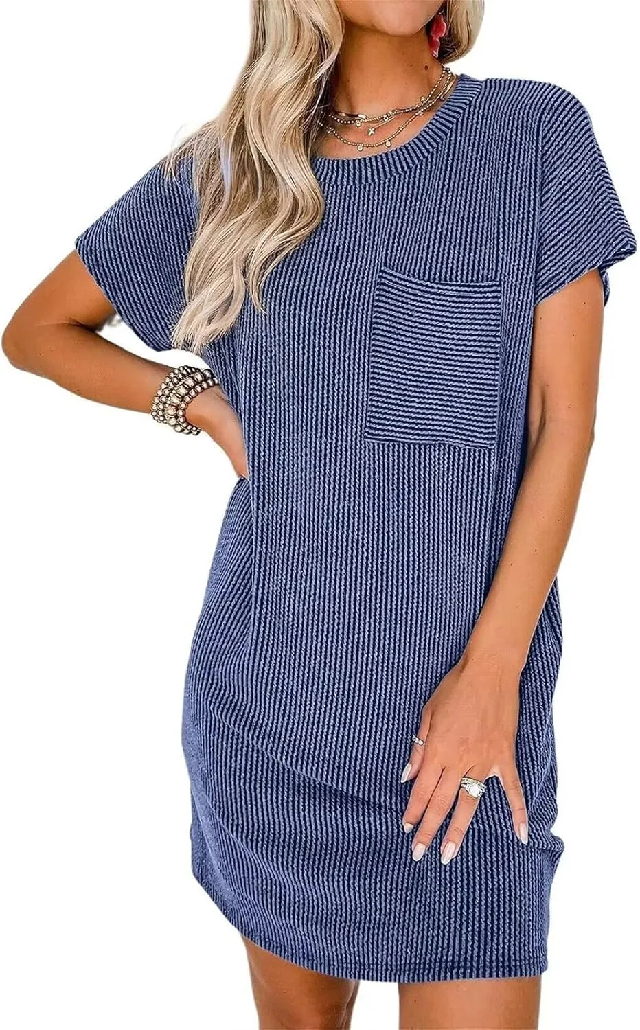 T Shirt Dress for Women Casual Ribbed Mini Tshirt Dress Crewneck Short Sleeve Striped Textured Dresses Fashion Dresses