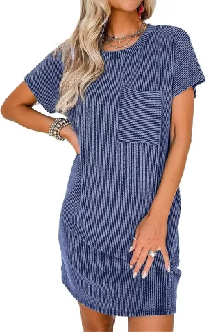T Shirt Dress for Women Casual Ribbed Mini Tshirt Dress Crewneck Short Sleeve Striped Textured Dresses Fashion Dresses