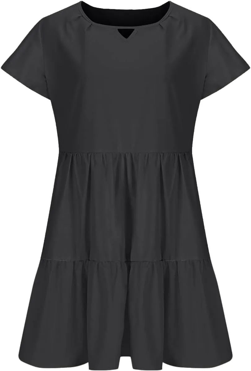 TANGNADE Womens Summer Ruffle Cap Sleeve Mini Dress Tiered Swing V Neck Cute Babydoll Short Beach Sundress Vacation