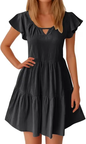 TANGNADE Womens Summer Ruffle Cap Sleeve Mini Dress Tiered Swing V Neck Cute Babydoll Short Beach Sundress Vacation