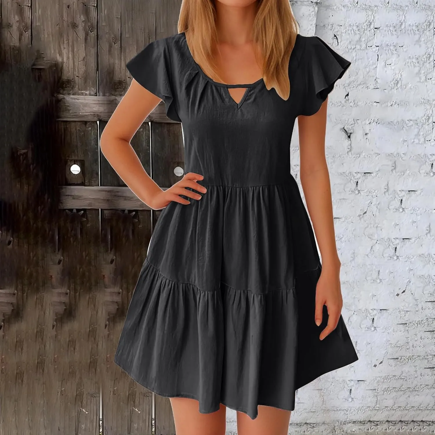 TANGNADE Womens Summer Ruffle Cap Sleeve Mini Dress Tiered Swing V Neck Cute Babydoll Short Beach Sundress Vacation