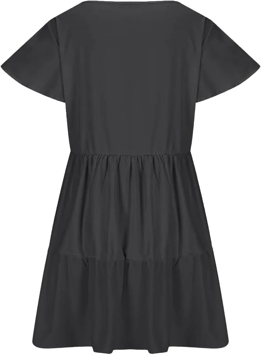 TANGNADE Womens Summer Ruffle Cap Sleeve Mini Dress Tiered Swing V Neck Cute Babydoll Short Beach Sundress Vacation