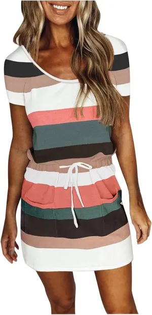 TANGNADE Womens Summer Sun Dress Short Sleeve Round Neck Tie Front A-Line Mini Dresses with Pockets Vacation Outfits