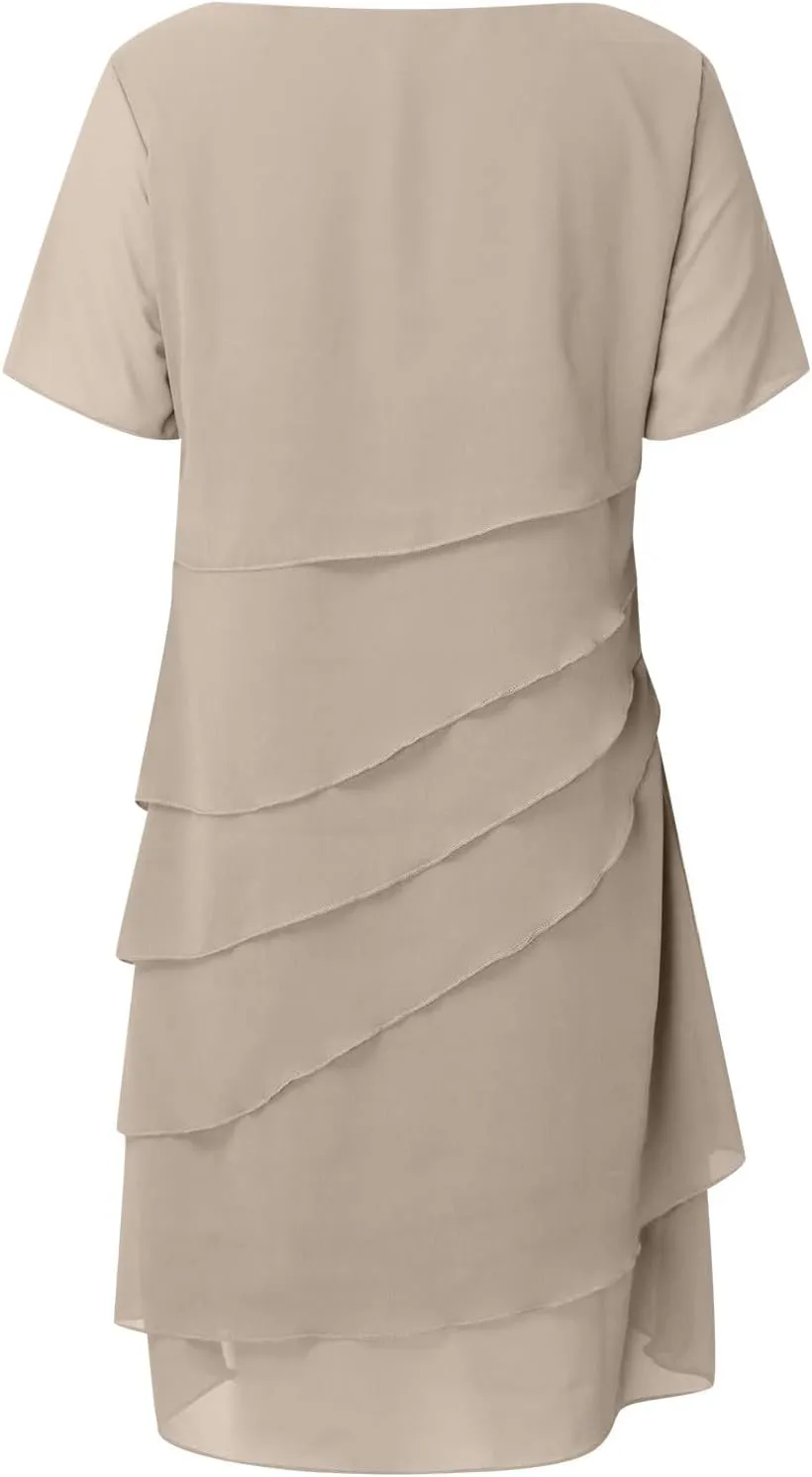 Tiered Chiffon Pleated A Line Flowy Mini Dress Womens Casual Solid Color Prom Long Dresses Cocktail Party Evening Dresses