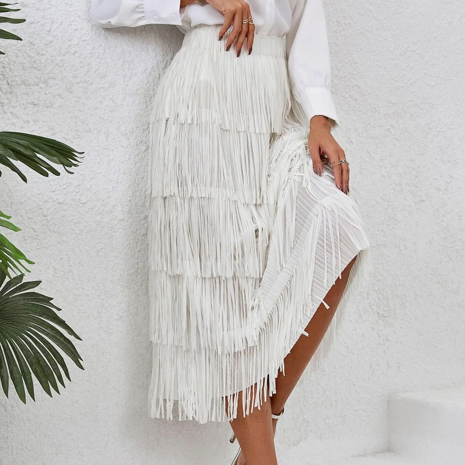 Trendy Cute Skirts Long Western Elastic Fringe Solid Fluffy Robe for Women Summer Long Dress Sweet Beach Skirts