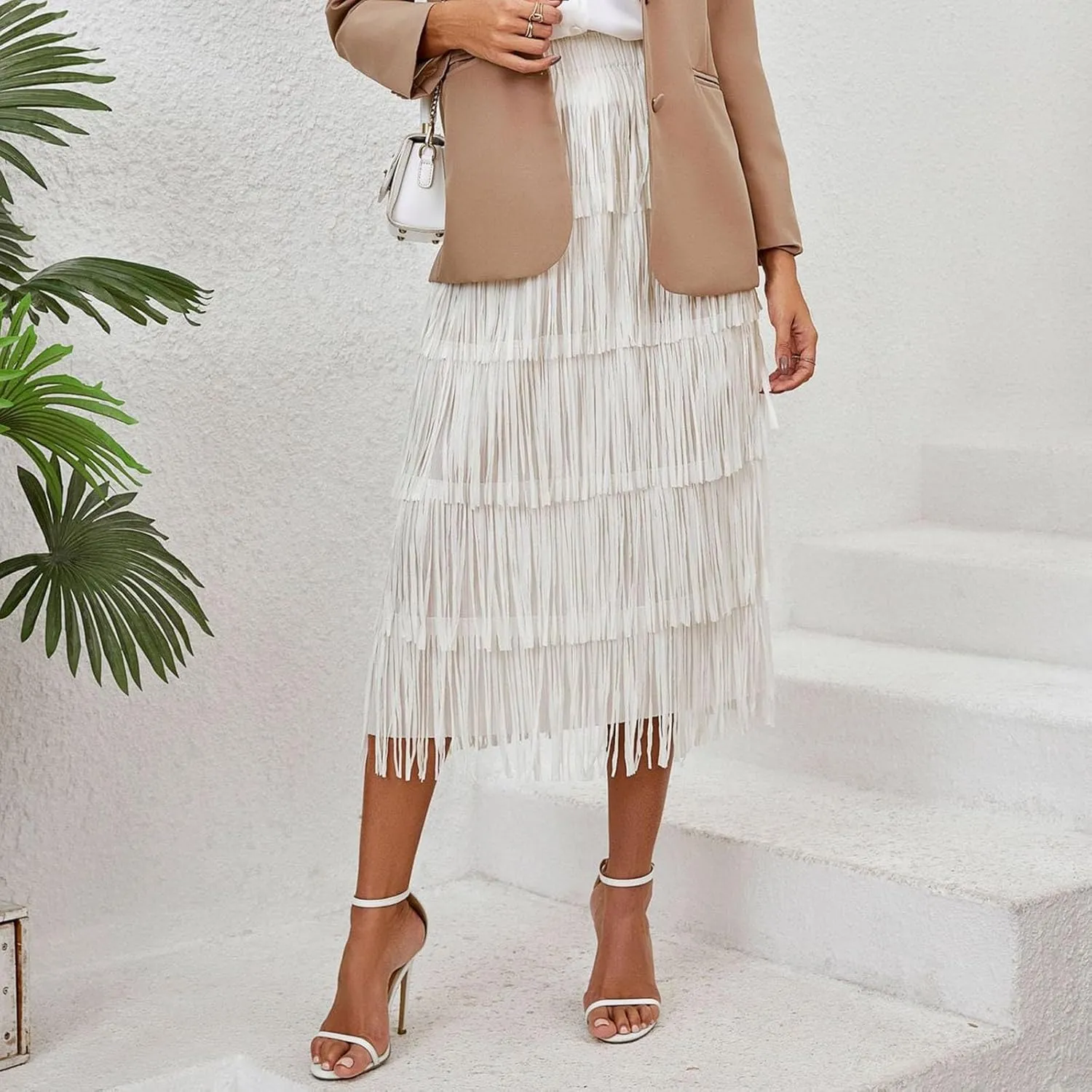 Trendy Cute Skirts Long Western Elastic Fringe Solid Fluffy Robe for Women Summer Long Dress Sweet Beach Skirts