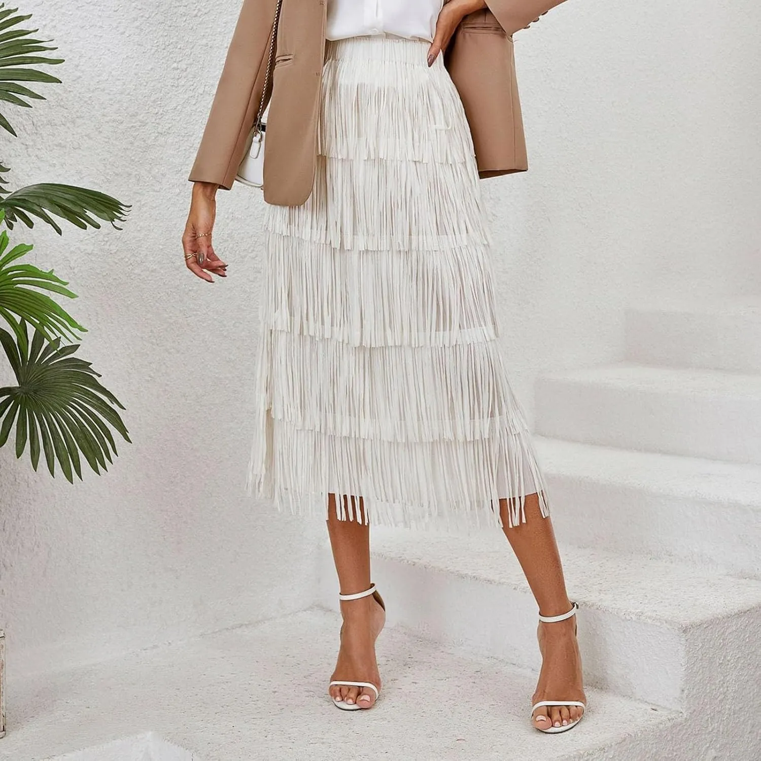 Trendy Cute Skirts Long Western Elastic Fringe Solid Fluffy Robe for Women Summer Long Dress Sweet Beach Skirts