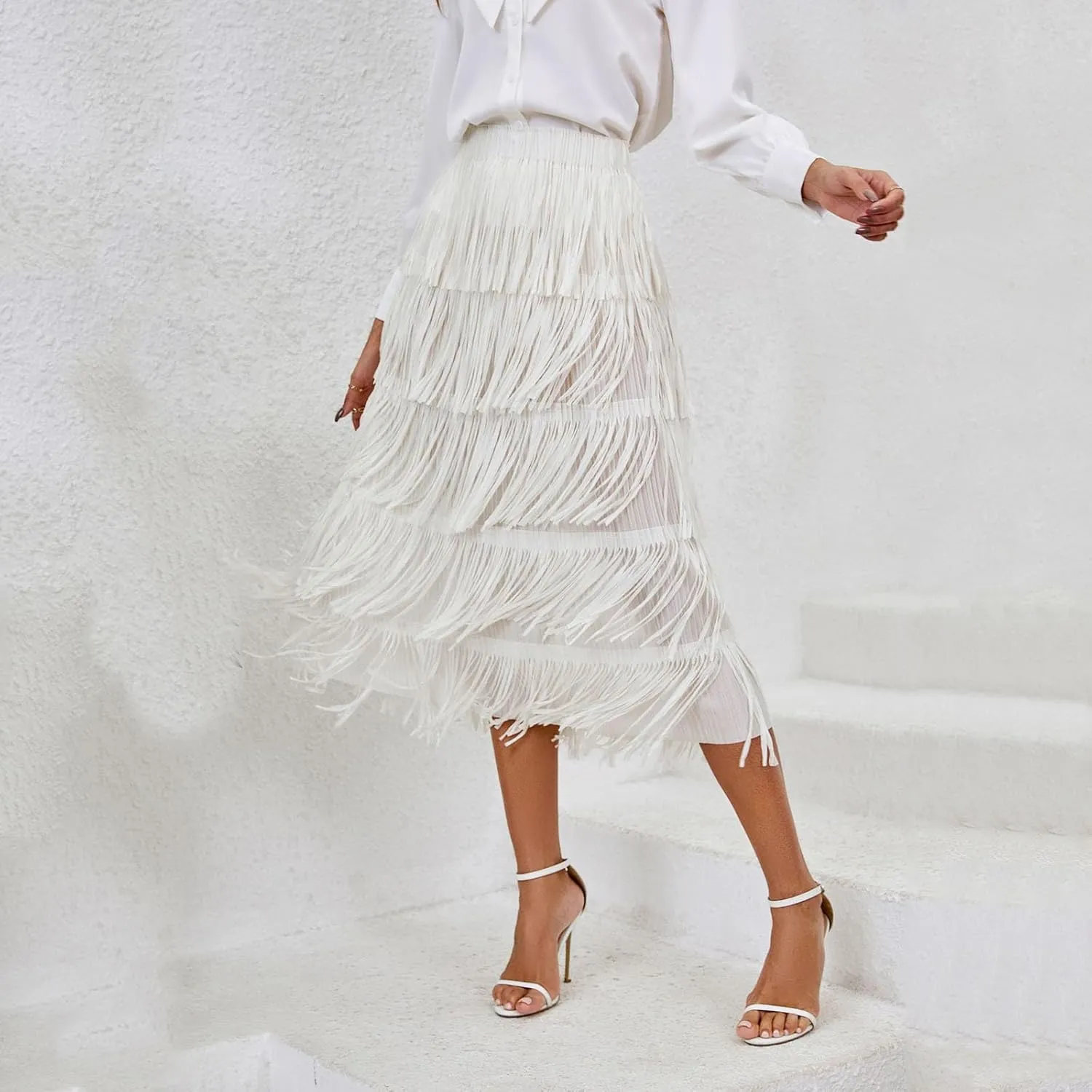 Trendy Cute Skirts Long Western Elastic Fringe Solid Fluffy Robe for Women Summer Long Dress Sweet Beach Skirts