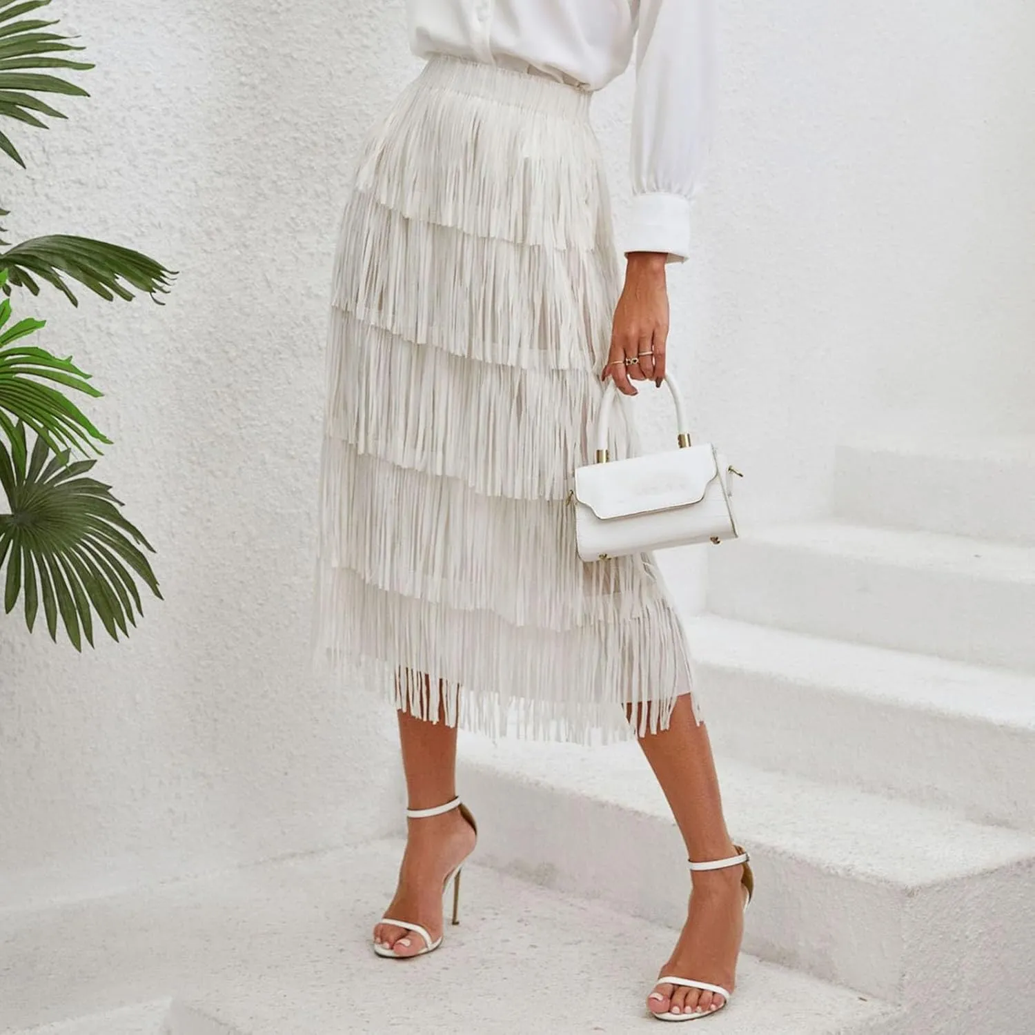 Trendy Cute Skirts Long Western Elastic Fringe Solid Fluffy Robe for Women Summer Long Dress Sweet Beach Skirts