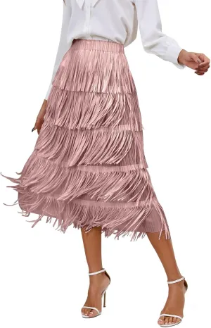 Trendy Cute Skirts Long Western Elastic Fringe Solid Fluffy Robe for Women Summer Long Dress Sweet Beach Skirts