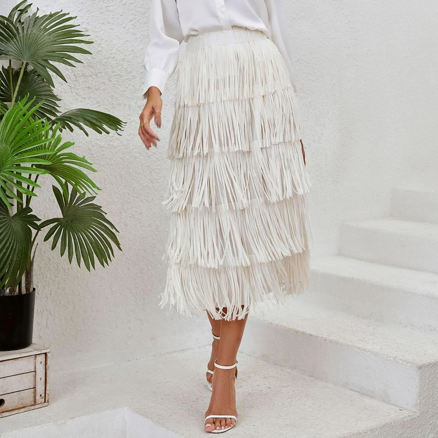 Trendy Cute Skirts Long Western Elastic Fringe Solid Fluffy Robe for Women Summer Long Dress Sweet Beach Skirts
