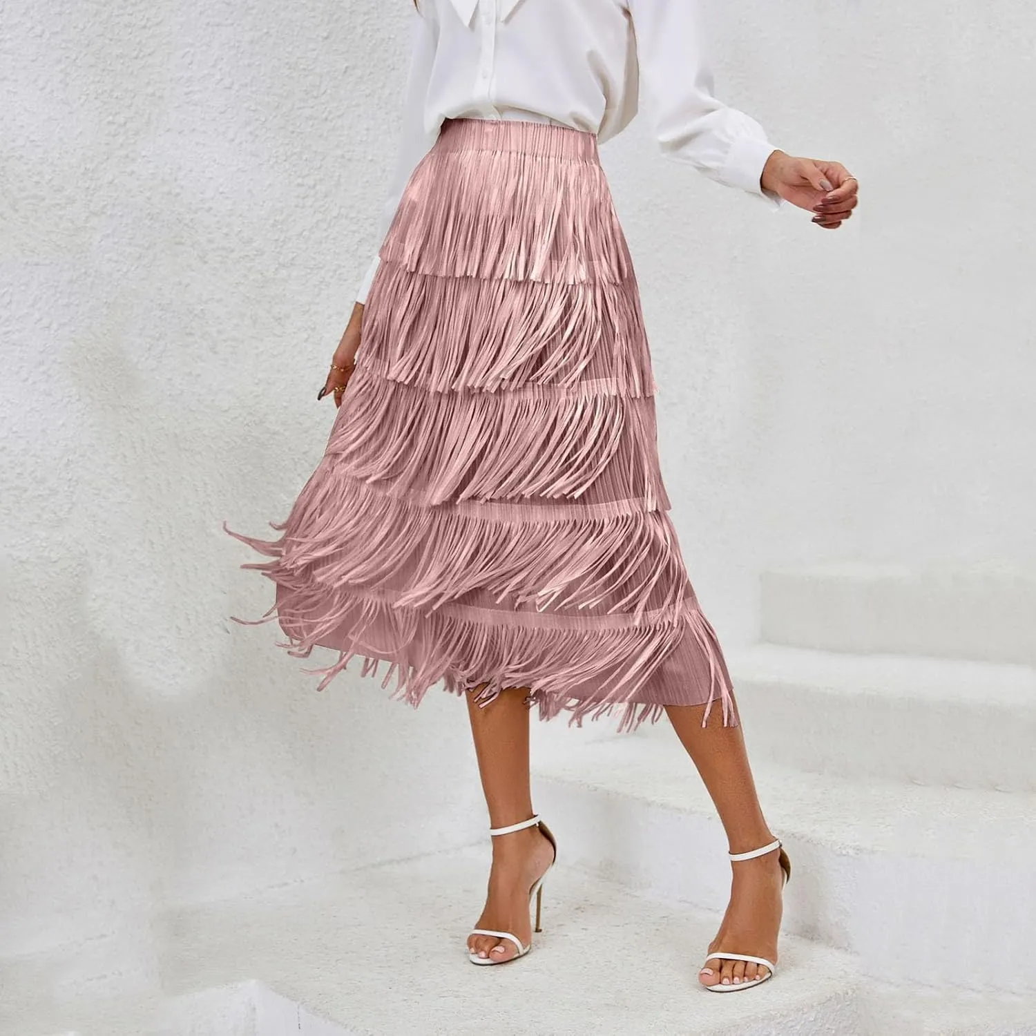 Trendy Cute Skirts Long Western Elastic Fringe Solid Fluffy Robe for Women Summer Long Dress Sweet Beach Skirts