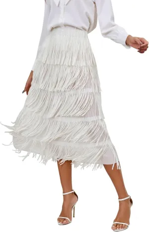 Trendy Cute Skirts Long Western Elastic Fringe Solid Fluffy Robe for Women Summer Long Dress Sweet Beach Skirts