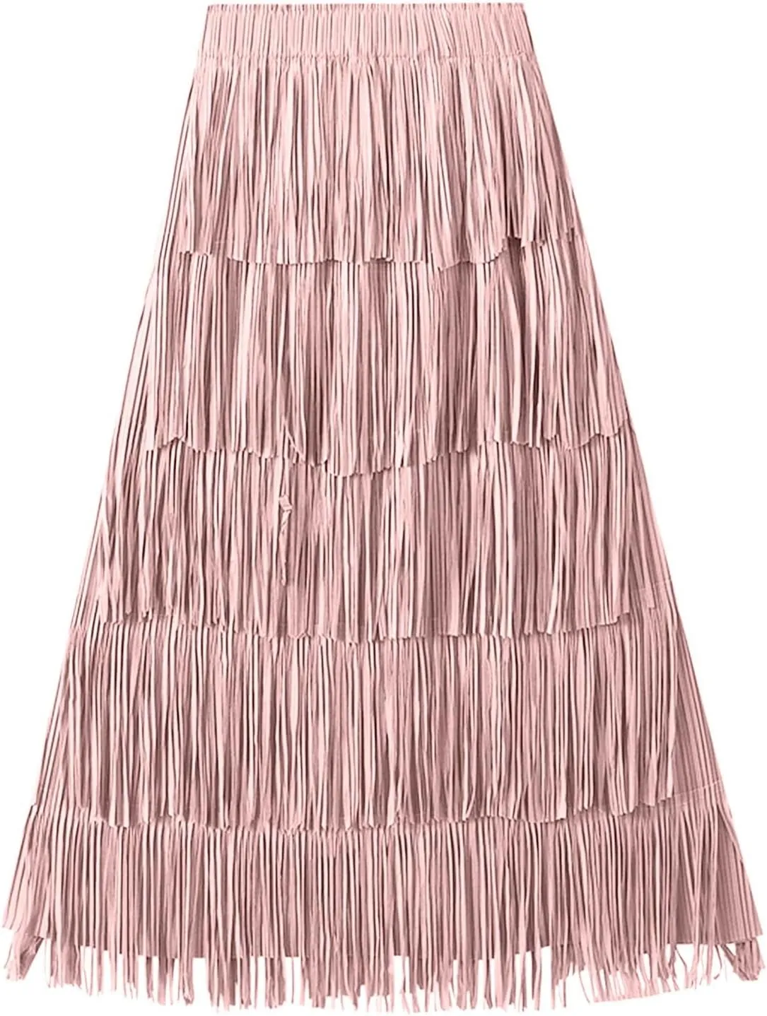 Trendy Cute Skirts Long Western Elastic Fringe Solid Fluffy Robe for Women Summer Long Dress Sweet Beach Skirts